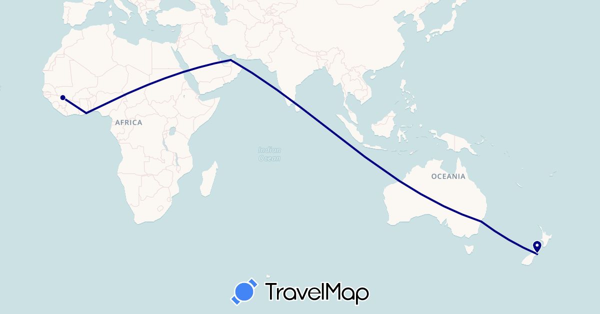 TravelMap itinerary: driving in United Arab Emirates, Australia, Ghana, Guinea, New Zealand (Africa, Asia, Oceania)